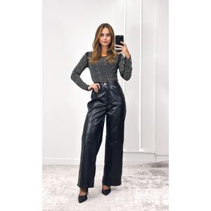 Body Tule Manga Longa com Brilho - Preto