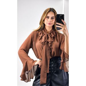 Camisa Crepe Busto Babados - Marrom