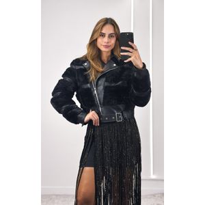 Jaqueta Peluciada Gola Couro - Preto