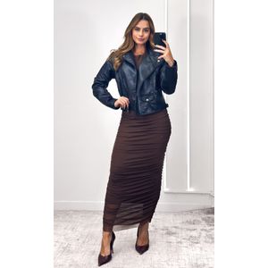 Vestido Longo Tule Drapeado - Marrom