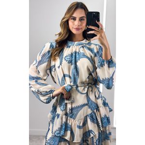 Vestido Barra Camadas Paisley - Bege/Azul