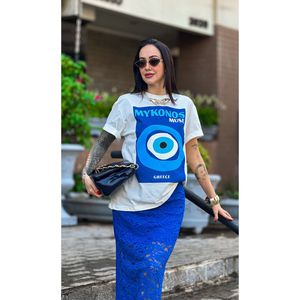 Saia Midi com Renda Floral e Elástico - Azul Bic