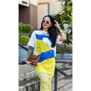 Saia Midi com Renda Floral e Elástico - Amarelo Candy