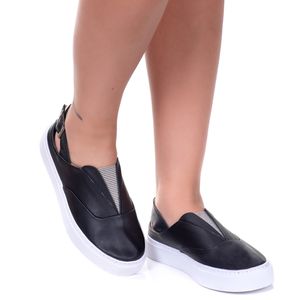 Tênis Slip on Feminino Izzi em Couro cor Preto - LILASCALCADOS