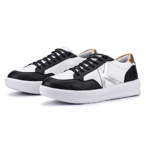 Tênis Feminino Flora Kéffor em Couro Branco Com Recortes Preto