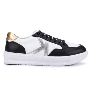 Tênis Feminino Flora Kéffor em Couro Branco Com Recortes Preto