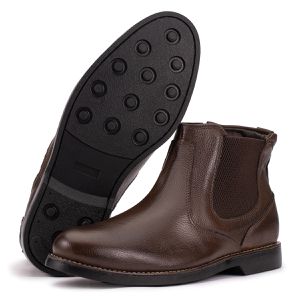 Bota Chelsea Couro Legítimo Café Bico Redondo Confortável