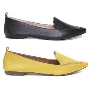 Kit 02 Mocassins Femininos Confort Bico Fino Couro Legítimo Preto e Amarelo - Haldrys