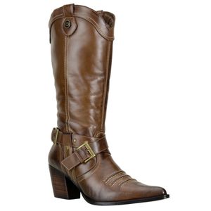 Bota Texana Feminina Bico Fino Couro Legítimo Pinhão - Haldrys