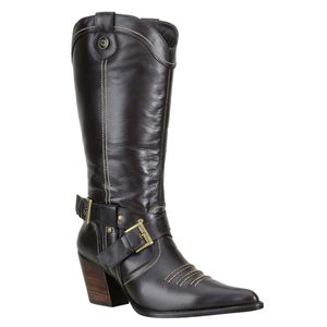 Bota Texana Feminina Bico Fino Couro Legítimo Preto - Haldrys