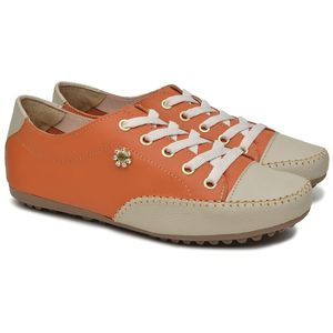 Sapatênis Feminino Couro Legítimo Laranja e Bege - Haldrys