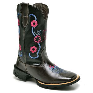 Bota Feminina Texana Preta e Café Bordado Rosa - Haldrys