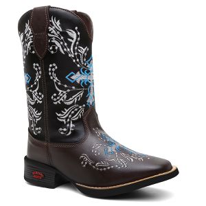 Bota Feminina Texana Cano Alto Cruz Azul Café e Preto - Haldrys