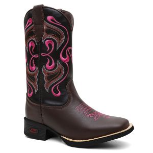 Bota Feminina Texana Cano Longo Café Preto Rosa - Haldrys