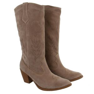 Bota Feminina Western Cano Longo com Bordado Camurça Taupe - Haldrys