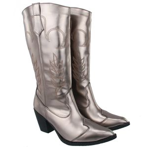 Bota Feminina Cano Longo Western com Bordado Napa Metalizada Ônix - Haldrys