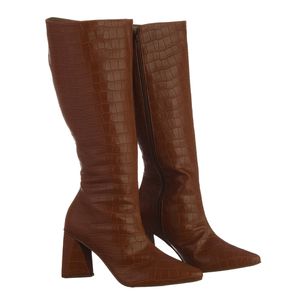 Bota Feminina Cano Longo Salto Triângulo Croco Whisky - Haldrys