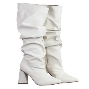 Bota Feminina Slouchy Salto Médio Triangular Napa Off White - Haldrys