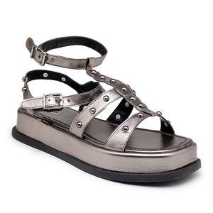 Sandália Feminina Papete Flatform Napa Prata Velho - Haldrys
