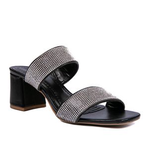 Tamanco Feminino com Tiras de Strass Napa Preto - Haldrys