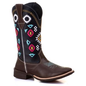 Bota Country Texana Feminina Cano Longo Bico Quadrado Sintético Marrom Azul - Haldrys