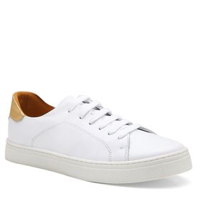 Tênis Casual Feminino Couro Legítimo Branco e Ouro - Haldrys