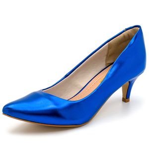 Sapato Scarpin Salto Baixo em Napa Metalizada Azul Bic - Haldrys