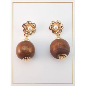 Brinco folheado a Ouro 18k Bola Madeira - 2438 - MARINA JOIAS