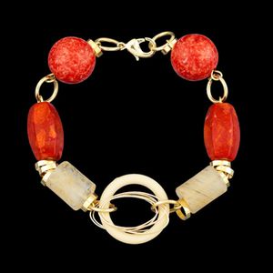 Pulseira folheada a ouro,com pedra natural coral e... - MARINA JOIAS