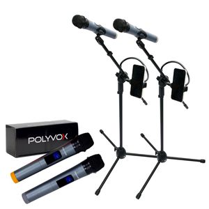 Kit Par Microfone sem Fio +2 Pedestais/Tripé para Microfone com Suporte ... - POLYVOX