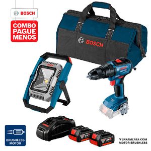 Combo Pague Menos Bosch 18V - Parafus. e Furadeira de Impacto de Impacto GSB 18V-50 + Lanterna GLI 18V-1900, 2 baterias 18V 4,0Ah 1 carregador e 1 bolsa