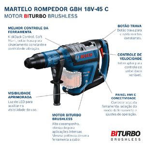 Martelete a bateria GBH 18V-45C BITURBO 18V SB em maleta Bosch 