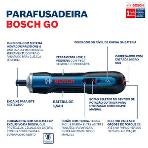 Parafusadeira a Bateria Bosch Go 3,6V BIVOLT com 32 Bits, 1 Cabo USB em Maleta