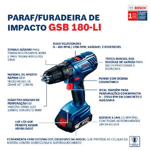 Parafusadeira Furadeira Impacto Bosch GSB 180-LI 18V 1 bateria, carregador e bolsa