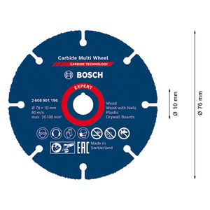 Disco de corte Bosch EXPERT Carbide Multi Wheel 76 mm, 10 mm