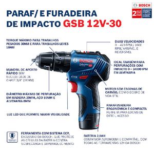 Parafusadeira Furadeira a bateria GSB 12V-30 Brushless 12V SB - Bosch