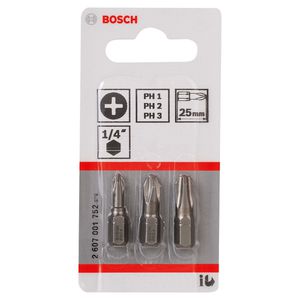 Jogo de Pontas para parafusar Bosch Phillips 25mm, 3 peças PH1, PH2, PH3 Extra Hard