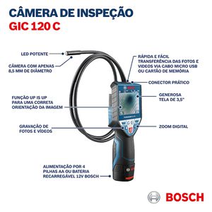 Câmera de inspeção Bosch GIC 120 C com cabo de 120 cm