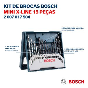 Jogo Brocas Alvenaria/Metal/Madeira Bosch Mini X-line 15 pçs