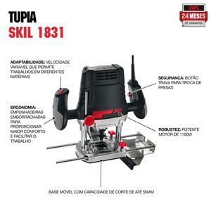 Tupia Skil 1831 1100W, com 6 fresas, 3 pinças (6mm, 8mm e ¼''), 3 Guias, 1 Adaptador para aspiração de pó em Maleta