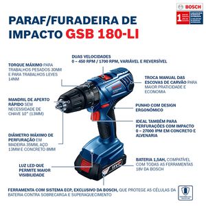 Parafusadeira e Furadeira de Impacto de ½'' GSB 180-LI, 18V, sem Bateria e sem Carregador - Bosch