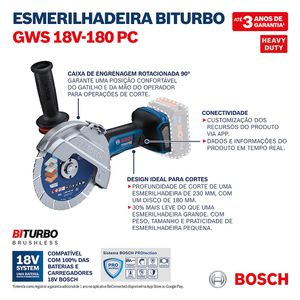 Esmerilhadeira a Bateria Brushless GWS 18V-180 PC 1500W - Bosch