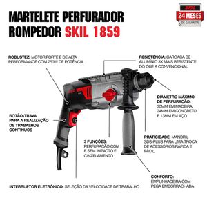 Martelete Perfurador Rompedor Skil 1859 750W, com 4 Acessórios, 1 Mandril em Maleta