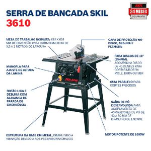 Serra de Mesa Skil 3610 1600W com 1 Disco, 2 Chaves, 1 Régua, 1 Transferidor, 1 Sticker e Conjunto estrutura de sustentação - Skil