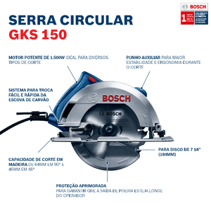 Serra Circular Bosch GKS 150 1500W com 2 Discos de serra e Guia paralelo