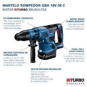 Martelete a bateria GBH 18V-36 C BITURBO Brushless 18V SB, maleta - Bosch