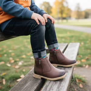 Botina masculina infantil Bota de couro legitimo forrada costurada com Zíper confortável e resistente Unissex Rota79 cor Café