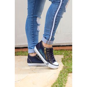 Tênis casual Plataforma Jeans Azul Escuro Feminino Love Star Com Zíper Blogueirinha ROTA79