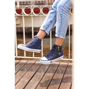 Tênis Cano Alto Feminino Jeans Azul Escuro Com Zíper, Blogueirinha Plataforma ROTA79