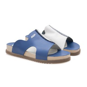  Sandalia Slide de Couro Bicolor Papete Confort Free Rota79 cor Azul /Branco